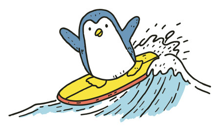 A cheerful penguin rides the waves on a vibrant yellow surfboard, showcasing a fun and lively surfing scene. Perfect for summer-themed designs!のイラスト素材