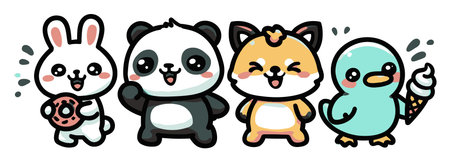 A delightful illustration featuring cute cartoon animals including a bunny, panda, fox, and bird, each with a unique expression and fun accessories, perfect for children's products.のイラスト素材