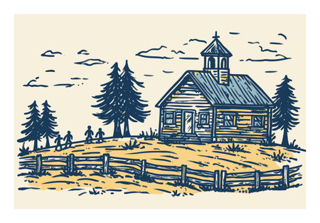 A charming wooden house nestled among trees under a cloudy sky, featuring a rustic fence. Ideal for themes of tranquility, nature, and rural life.のイラスト素材