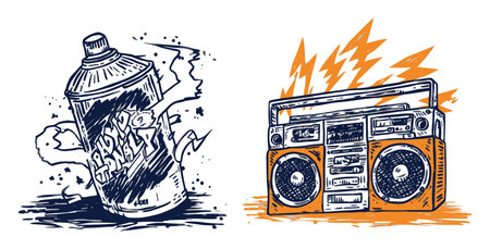 Vibrant illustrations of a spray can and retro boombox, perfect for creative projects focused on urban culture, music, and street art themes.のイラスト素材
