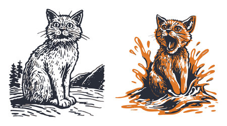 Captivating vintage-style illustration of a cat in two different poses, showcasing expressive features and a playful personality. Perfect for art lovers.のイラスト素材