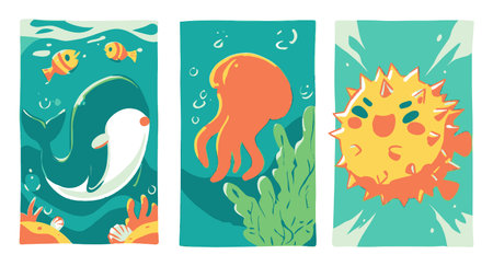 This vibrant underwater illustration showcases a joyful scene with colorful fish, a jellyfish, and a pufferfish, surrounded by seaweed and coral.のイラスト素材