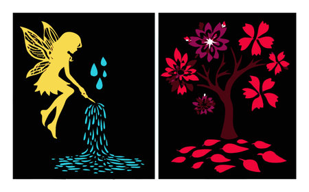 A whimsical illustration showing a fairy watering vibrant flowers under a magical tree. Perfect for artistic projects, home decor, and nature themes.のイラスト素材