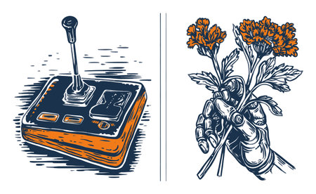 Artistic illustration of a vintage game controller alongside a robotic hand holding flowers, representing the blend of technology and nature in a creative design.のイラスト素材