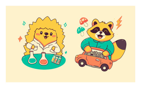 Adorable cartoon hedgehog conducts science experiments while cheerful raccoon enjoys an adventure in a toy car. Perfect for kids' themes, illustration, and fun!のイラスト素材