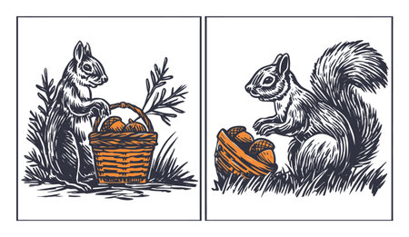 Two charming illustrations depict a squirrel with a basket of nuts, showcasing its natural behaviors in a lovely outdoor setting. Perfect for nature enthusiasts.のイラスト素材