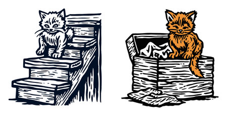 Charming hand-drawn kittens illustrate playful moments, one climbing stairs and the other resting in a box. Perfect for pet lovers and childrens themes.のイラスト素材