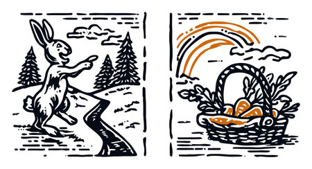 This charming illustration features a playful rabbit pointing along a path, accompanied by a basket filled with fresh carrots and a vibrant rainbow, reflecting joy and nature's bounty.のイラスト素材