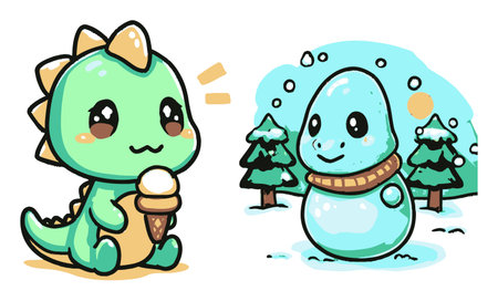 A delightful cartoon scene features a cute dinosaur enjoying ice cream alongside a friendly snowman in a snowy landscape, surrounded by cheerful trees.のイラスト素材