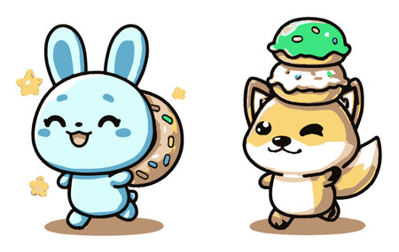 This vibrant illustration features a cute bunny and a cheerful fox, each carrying sweet treats. Perfect for children's themes, animations, or playful designs.のイラスト素材