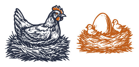 Charming vintage illustration of a chicken on a nest with eggs and chicks. Perfect for farm-themed designs, this woodcut style artwork captures rustic simplicity.のイラスト素材