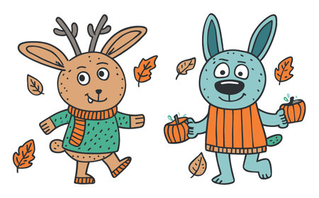 Adorable animal characters celebrating autumn with pumpkins and colorful leaves. Perfect for children's illustrations, seasonal decor, or festive themes.のイラスト素材