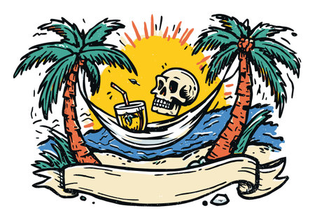 A whimsical illustration of a skeleton lounging in a hammock with a tropical drink, surrounded by palm trees and the sun setting over the ocean. Perfect for summer fun themes.のイラスト素材