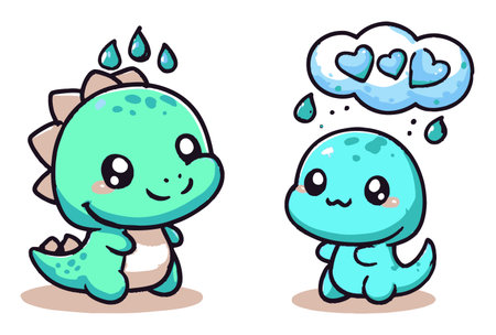 This adorable illustration features two cute cartoon dinosaurs expressing emotions. One smiles joyfully, while the other dreams of love, surrounded by heart symbols.のイラスト素材