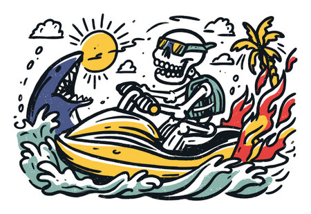 A playful illustration featuring a skeleton riding a jet ski, chased by a shark. Tropical scenery includes palm trees and a bright sun, capturing fun and adventure.のイラスト素材