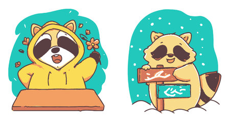 Adorable illustrated raccoons in hoodies celebrate nature and winter joy. Charming characters express happiness in vibrant colors. Perfect for children's themes.のイラスト素材