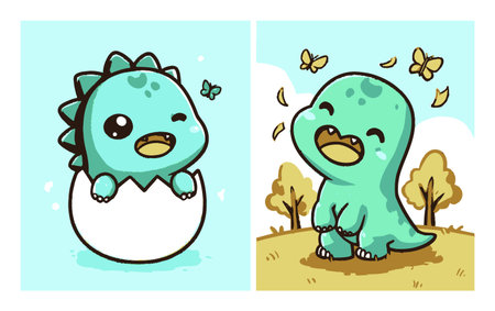 Adorable cartoon dinosaur characters, one hatching from an egg and another playing with butterflies in a bright outdoor scene, exuding joy and innocence.のイラスト素材