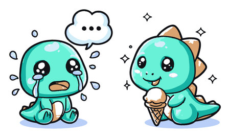 This delightful illustration features two cute cartoon dinosaurs expressing contrasting emotions, with one enjoying ice cream while the other sheds tears.のイラスト素材