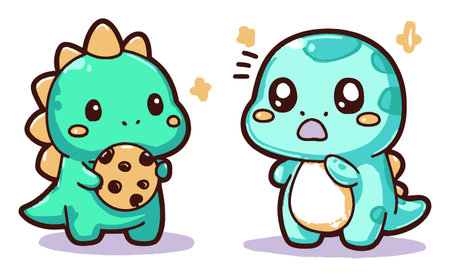 This charming illustration features two cute dinosaurs, one holding a cookie and the other with a surprised expression, perfect for childrens themes and playful designs.のイラスト素材