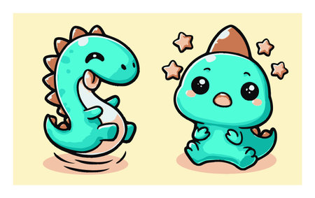 This illustration features two adorable cartoon dinosaurs, one joyfully bouncing and the other smiling. Their bright colors and fun expressions evoke a sense of happiness perfect for children's themes.のイラスト素材