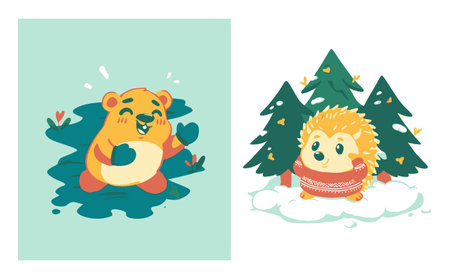 Adorable cartoon bear and hedgehog in a whimsical winter scene with snow and trees, perfect for children's illustrations and seasonal designs.のイラスト素材