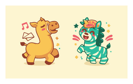 Two adorable cartoon animals, a horse and a zebra, are joyfully dancing together, showcasing vibrant colors and playful expressions that enchant children.のイラスト素材