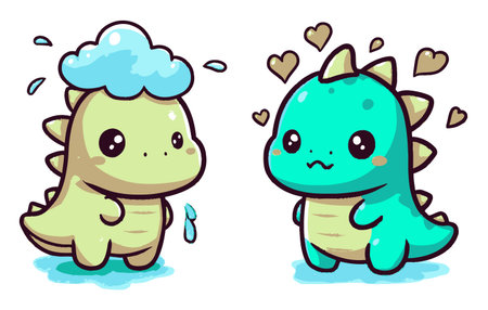 This charming illustration features two cute cartoon dinosaurs showcasing playful emotions with a cloud and hearts, perfect for children's designs and creativity.のイラスト素材