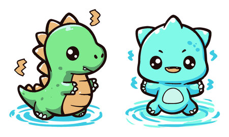 This adorable illustration features two cute cartoon dinosaurs in water, showcasing playful expressions. The vibrant colors and charming design make it perfect for children's themes.のイラスト素材