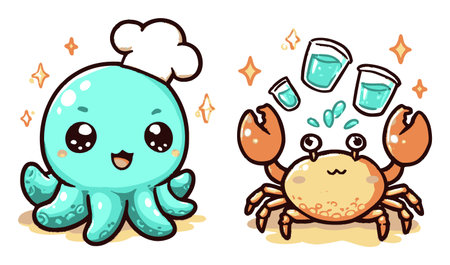 A charming illustration of a cute octopus chef and a happy crab enjoying drinks. This playful art captures the joy of ocean life in a fun and colorful style.のイラスト素材