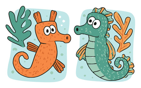 Adorable cartoon seahorses in bright colors, perfect for children's art or educational materials. Captivating design brings marine life to life!のイラスト素材
