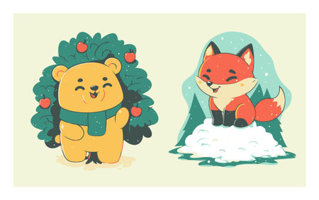 This charming illustration features a cheerful bear with apples and a playful fox in a snowy winter landscape, perfect for children's content and seasonal themes.のイラスト素材