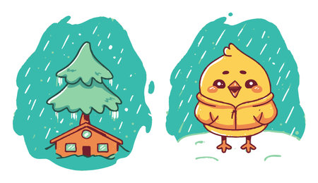 Adorable illustration featuring a cheerful yellow chick and a cozy cabin surrounded by trees in a rainy forest scene, perfect for whimsical designs.のイラスト素材