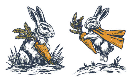 Whimsical illustration of a playful rabbit holding a carrot. One rabbit rests while the other leaps joyfully. Vibrant colors and charming details create a fun and adventurous scene.のイラスト素材