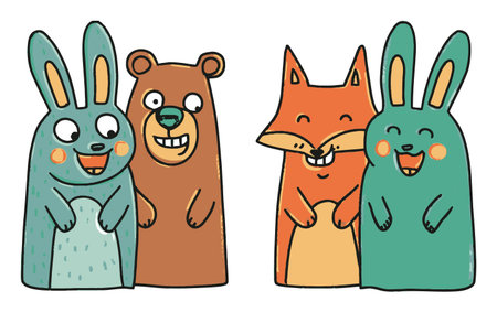 This delightful illustration features cheerful cartoon animals, including cute rabbits, a friendly bear, and a playful fox, all smiling and radiating joy. Ideal for children's themes.のイラスト素材