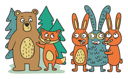 A vibrant illustration showcasing a bear, fox, and playful rabbits in a forest setting, celebrating friendship and joy with lively expressions and teamwork.のイラスト素材