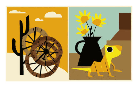 A vibrant and playful illustration depicting a desert scene featuring wheels, sunflowers in a vase, and a cute lizard. Perfect for art and nature themes.のイラスト素材
