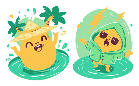 This vibrant illustration features a cheerful lemon character enjoying summer vibes by a poolside. Ideal for playful themes, this artwork conveys joy and fun.のイラスト素材