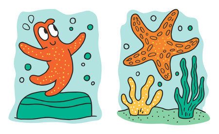 This vibrant illustration features colorful animated sea creatures in a whimsical underwater setting, perfect for children's art, decor, or educational materials.のイラスト素材