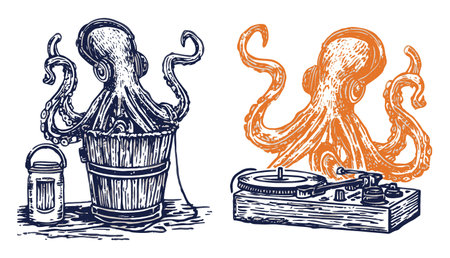 This whimsical illustration features an octopus wearing headphones, engaged with a turntable. Perfect for music lovers and creative projects.のイラスト素材