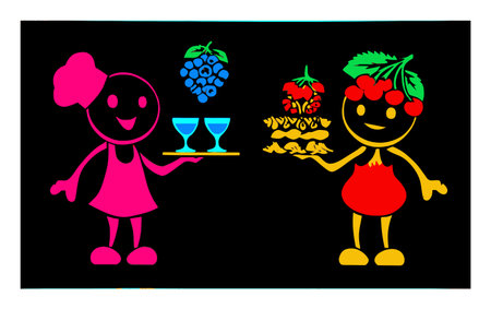 Delightful cartoon characters showcase their colorful plates filled with fruits and desserts, creating a joyful atmosphere perfect for any festive celebration or culinary theme.のイラスト素材