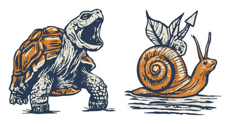 Explore a vintage style illustration featuring a tortoise and a snail, perfect for nature-themed projects and wildlife art. Ideal for educational materials.のイラスト素材
