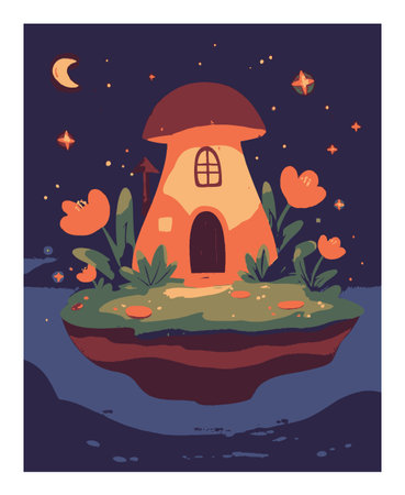 A whimsical mushroom house set against a starry night sky, surrounded by vibrant flowers and lush plants. This enchanting illustration evokes creativity and magic.のイラスト素材