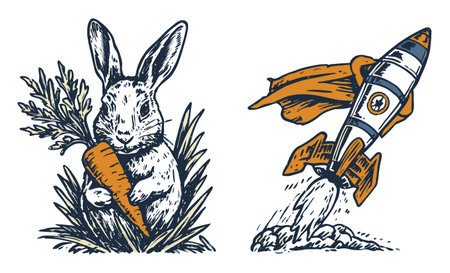 This whimsical illustration features a rabbit holding a carrot alongside a rocket launching into space. Perfect for projects related to adventure, nature, and creativity.のイラスト素材