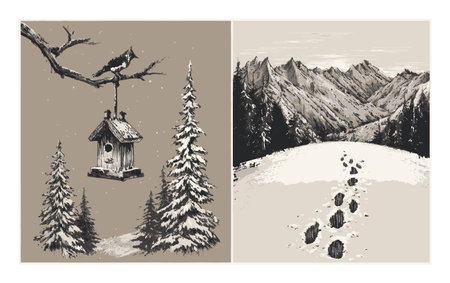 A beautifully illustrated winter scene featuring a birdhouse suspended from a tree branch, with snow-covered mountains and animal tracks in the foreground.のイラスト素材