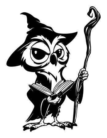 This hand-drawn illustration features a whimsical cartoon owl dressed as a wizard, holding a book and staff. Perfect for educational themes or fantasy projects.のイラスト素材