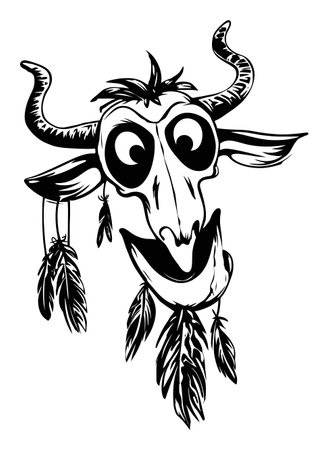 A unique hand-drawn illustration of a goat's head featuring large eyes and hanging feathers. This playful design captures fun character and whimsical charm.のイラスト素材