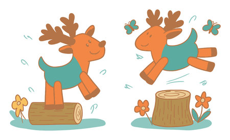 Whimsical illustration of a cheerful cartoon deer jumping among butterflies and flowers. Perfect for children's projects, nature themes, and playful designs.のイラスト素材