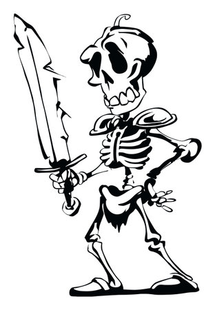 Hand drawn illustration of a cartoon skeleton holding a sword. This unique and whimsical design captures a playful yet spooky character, perfect for Halloween and fantasy themes.のイラスト素材