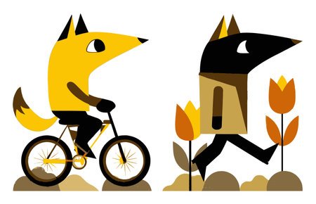 Whimsical illustration of cartoon fox characters engaging in outdoor activities like cycling and walking, surrounded by vibrant flowers and natural elements, showcasing joy and creativity.のイラスト素材