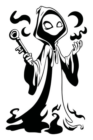 This hand-drawn illustration features a mysterious figure in a cloak holding a key, surrounded by whimsical smoke and moons. Perfect for fantasy-themed projects.のイラスト素材